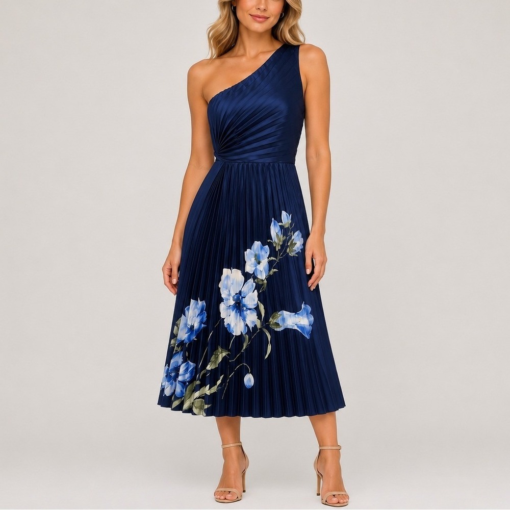 Abercrombie & Fitch Giselle Pleated One Shoulder‎ Maxi Dress XSP Navy Floral